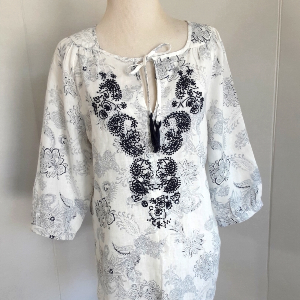 MALVIN HAMBURG 100% Linen  BLUE FLORAL EMBROIDERED BOHO TOP SZ M